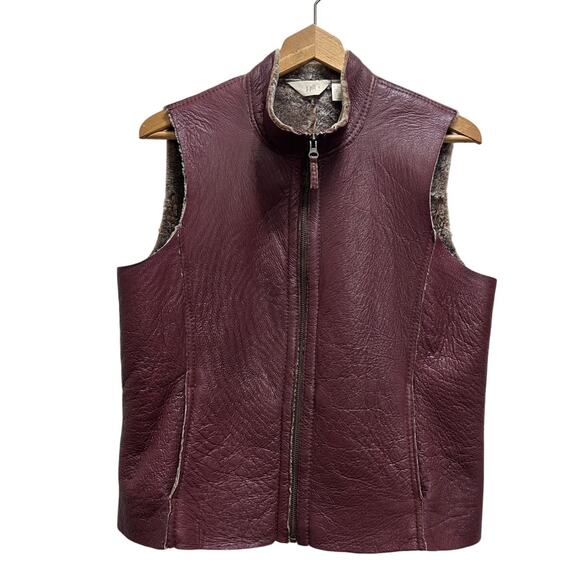 J. Jill 100% Leather Vest Jacket S Sherling Wine/Brown Front Zip Boho Indie - Picture 3 of 11